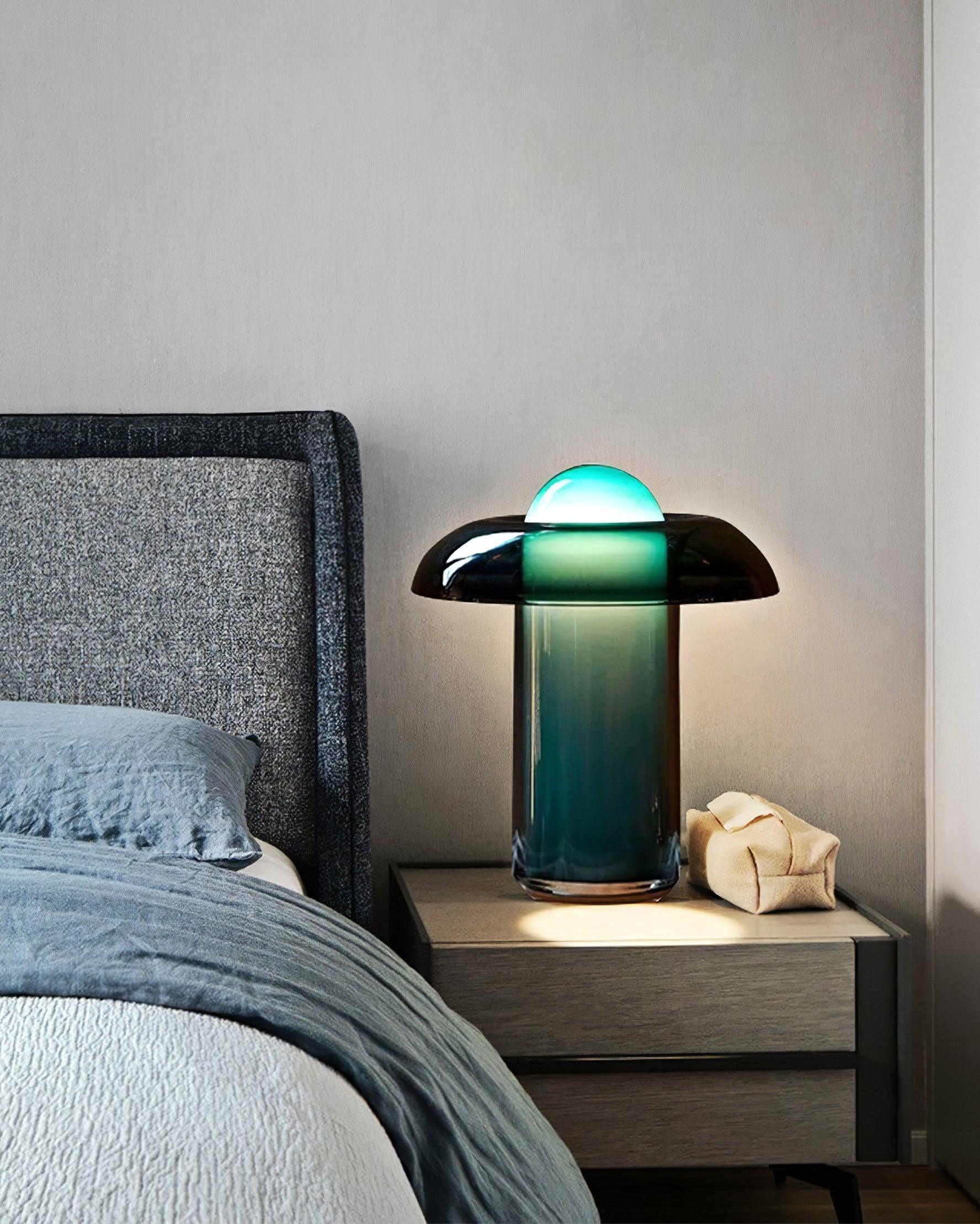 Mushroom Table Lamp | Green Glass & Metal | 30cm Diameter