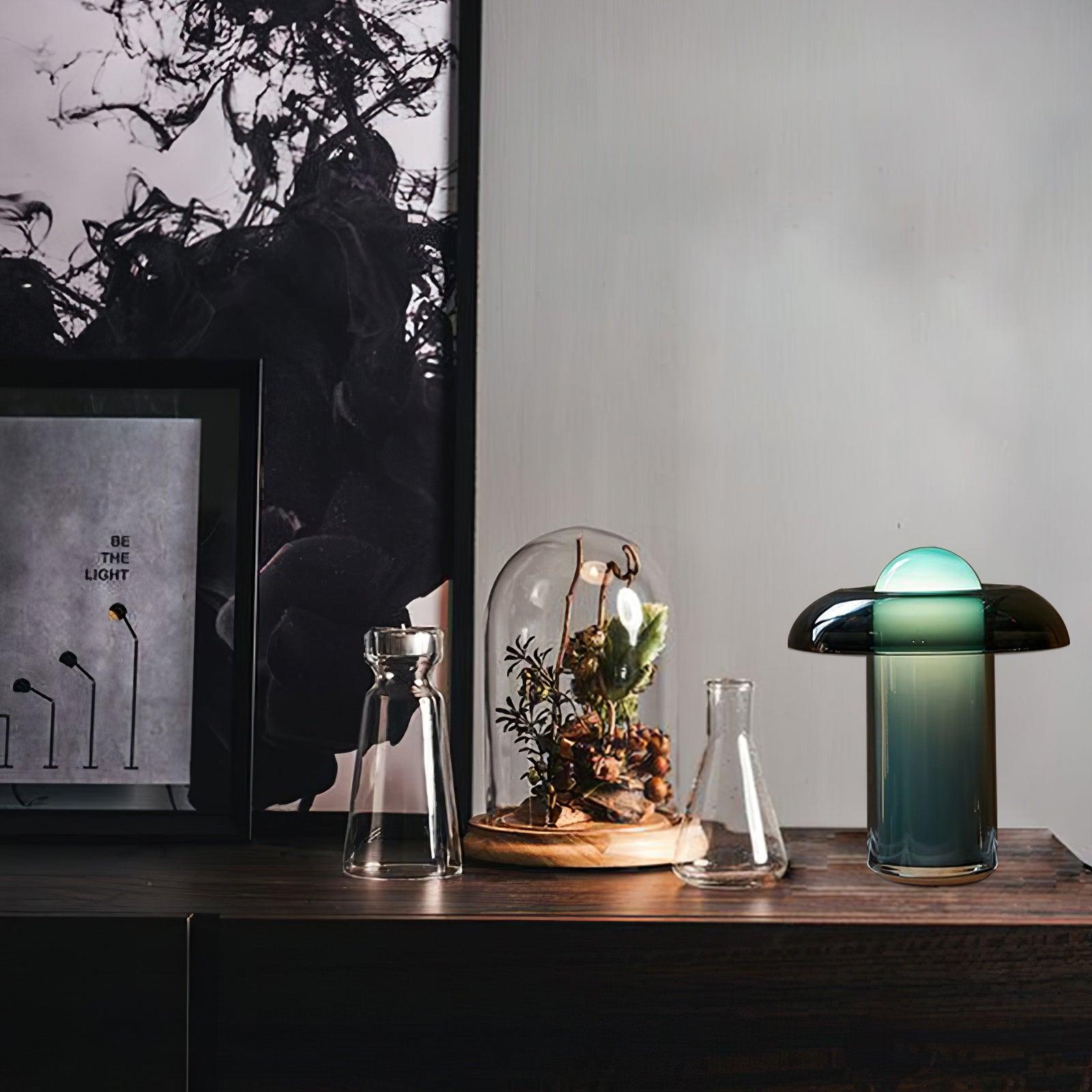 Mushroom Table Lamp | Green Glass & Metal | 30cm Diameter