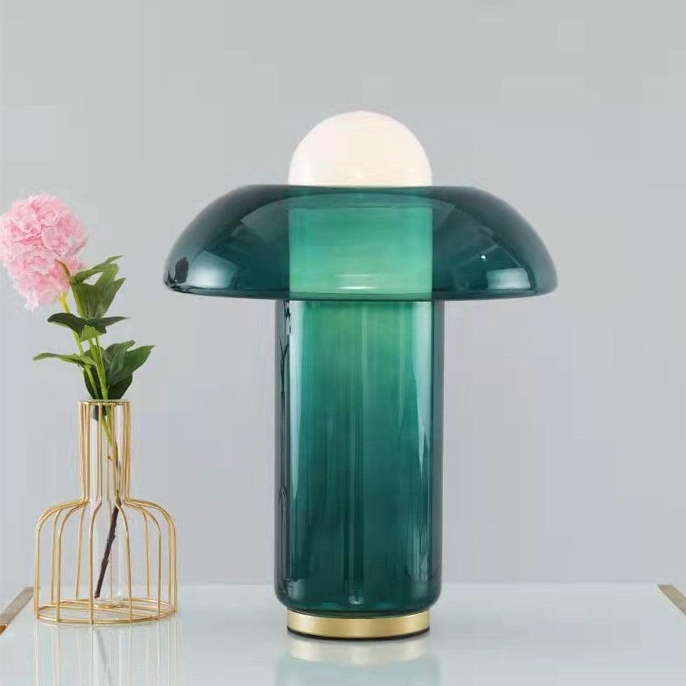 Mushroom Table Lamp | Green Glass & Metal | 30cm Diameter