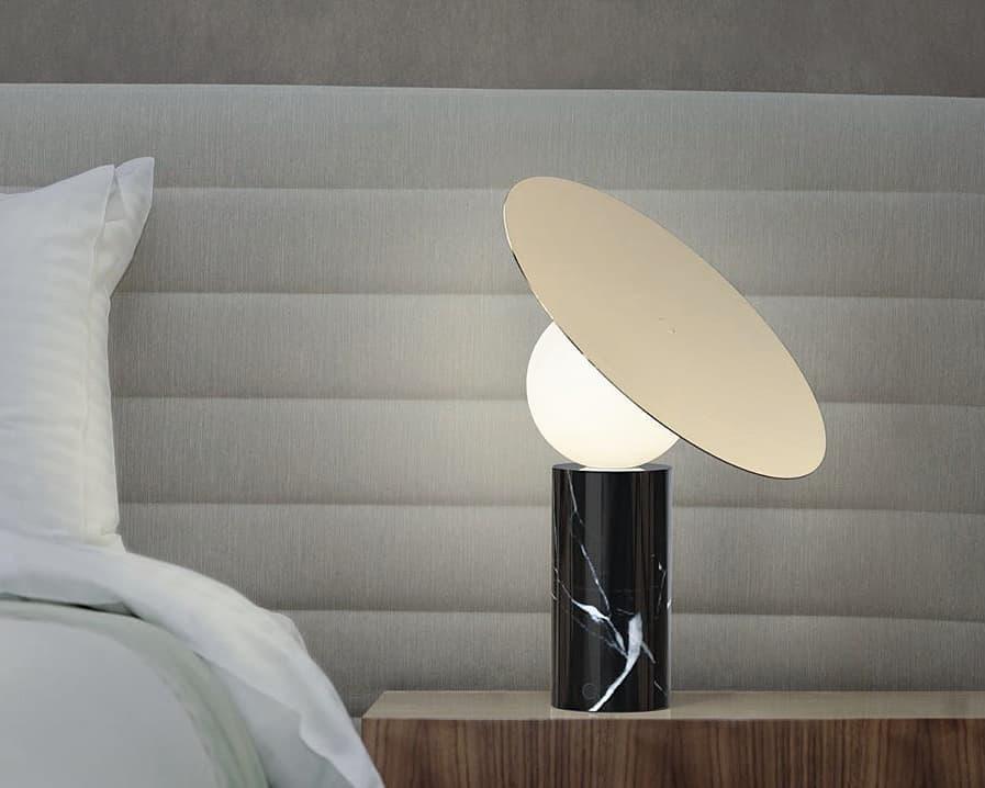 Bola Disc Table Lamp | Chromed Stainless Steel & Opaline Glass | White, Black, Gold