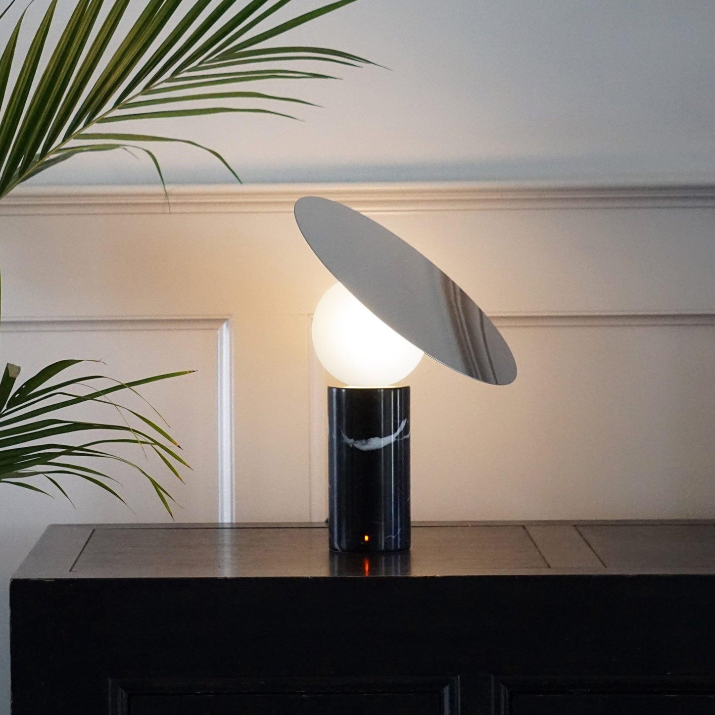 Bola Disc Table Lamp | Chromed Stainless Steel & Opaline Glass | White, Black, Gold
