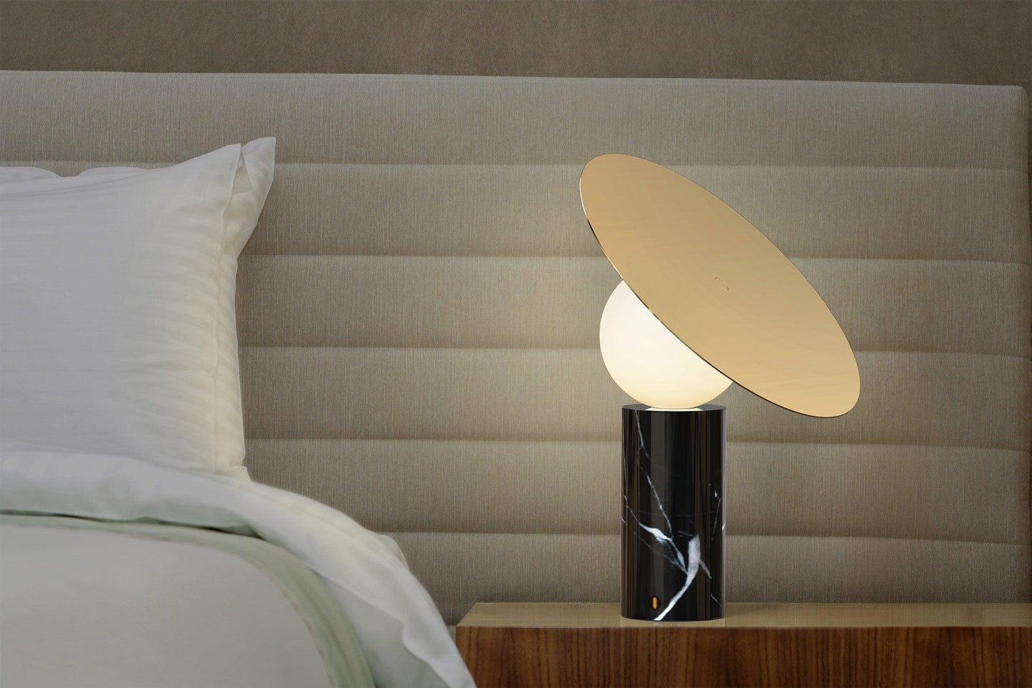 Bola Disc Table Lamp | Chromed Stainless Steel & Opaline Glass | White, Black, Gold