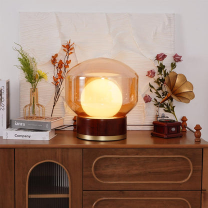 Rigel Table Lamp | Metal & Wood | Wine Red & Amber Shade