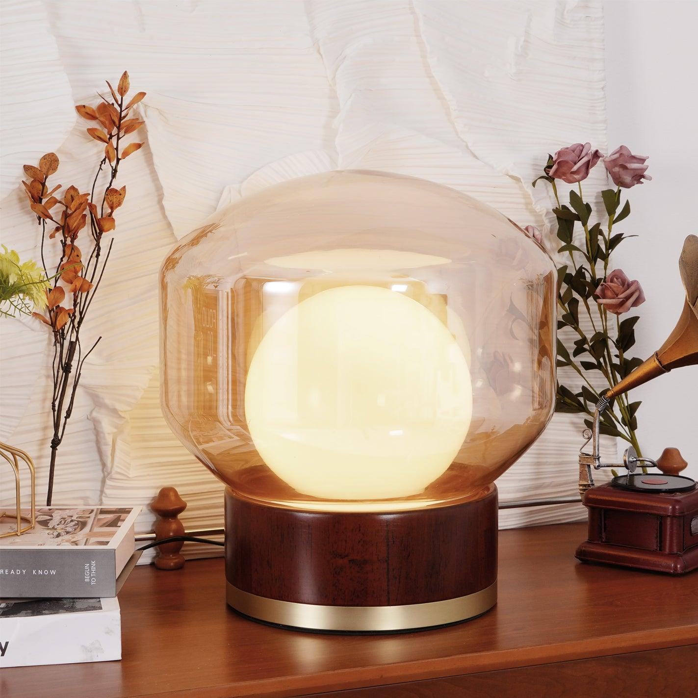Rigel Table Lamp | Metal & Wood | Wine Red & Amber Shade