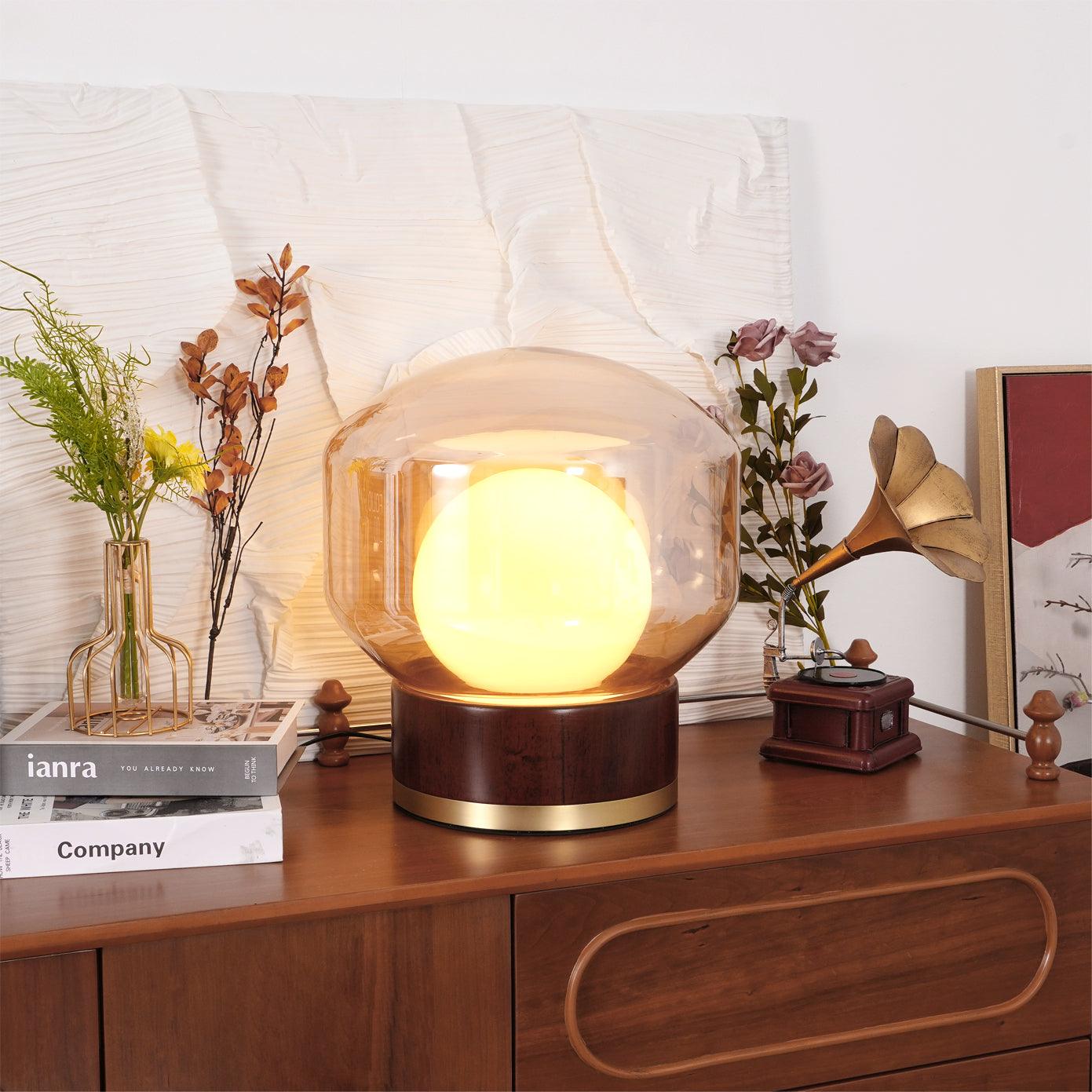 Rigel Table Lamp | Metal & Wood | Wine Red & Amber Shade
