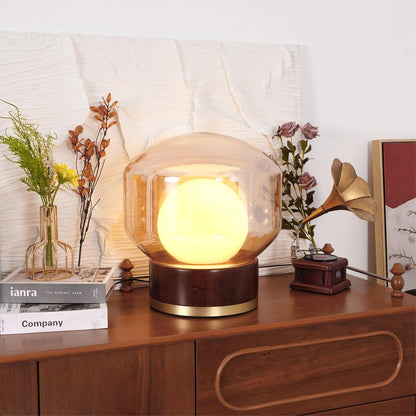 Rigel Table Lamp | Metal & Wood | Wine Red & Amber Shade