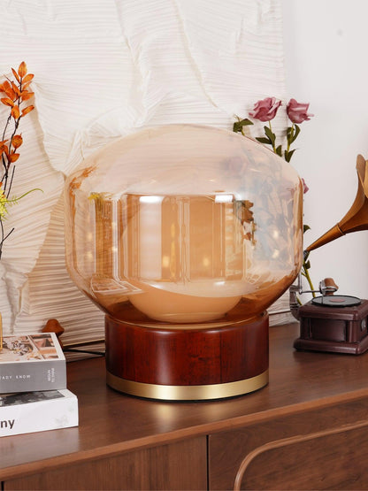 Rigel Table Lamp | Metal & Wood | Wine Red & Amber Shade