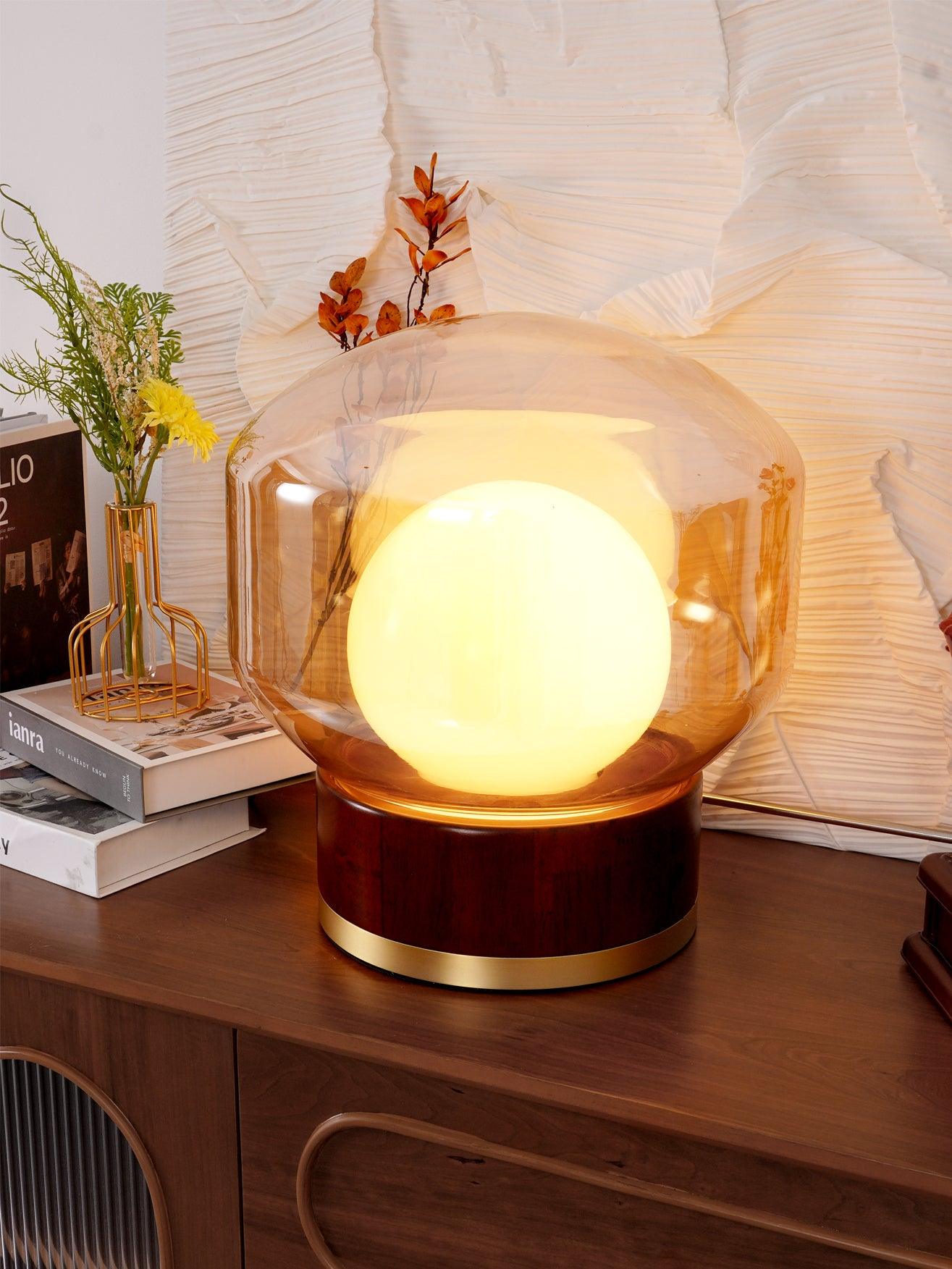 Rigel Table Lamp | Metal & Wood | Wine Red & Amber Shade