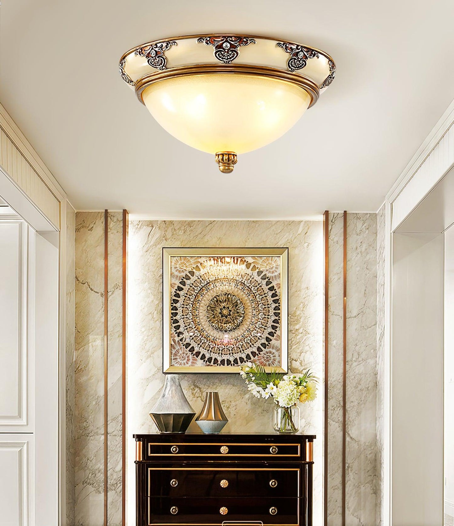Brahm Flush Ceiling Light | Antique Beige | Frosted Glass