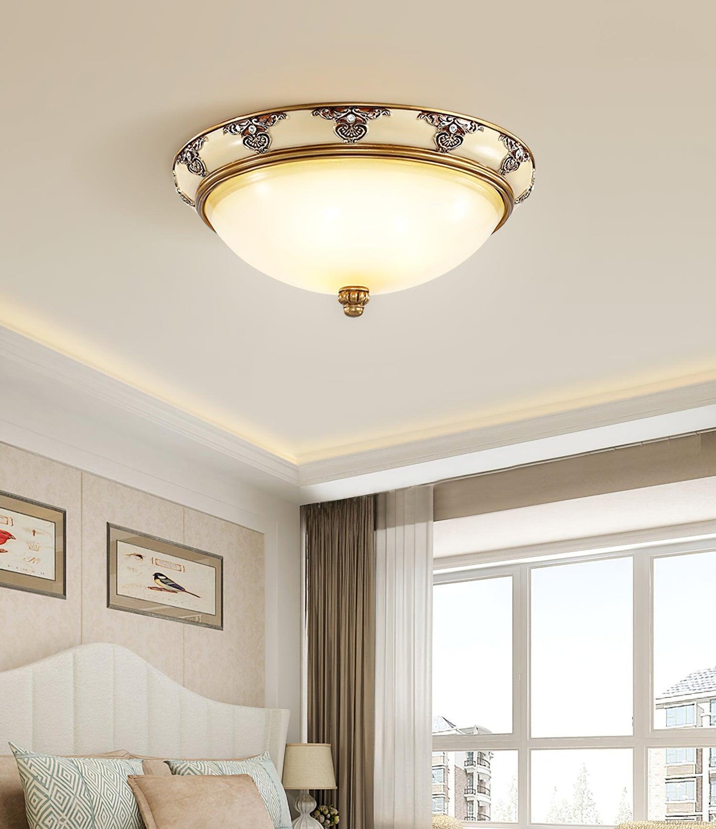 Brahm Flush Ceiling Light | Antique Beige | Frosted Glass