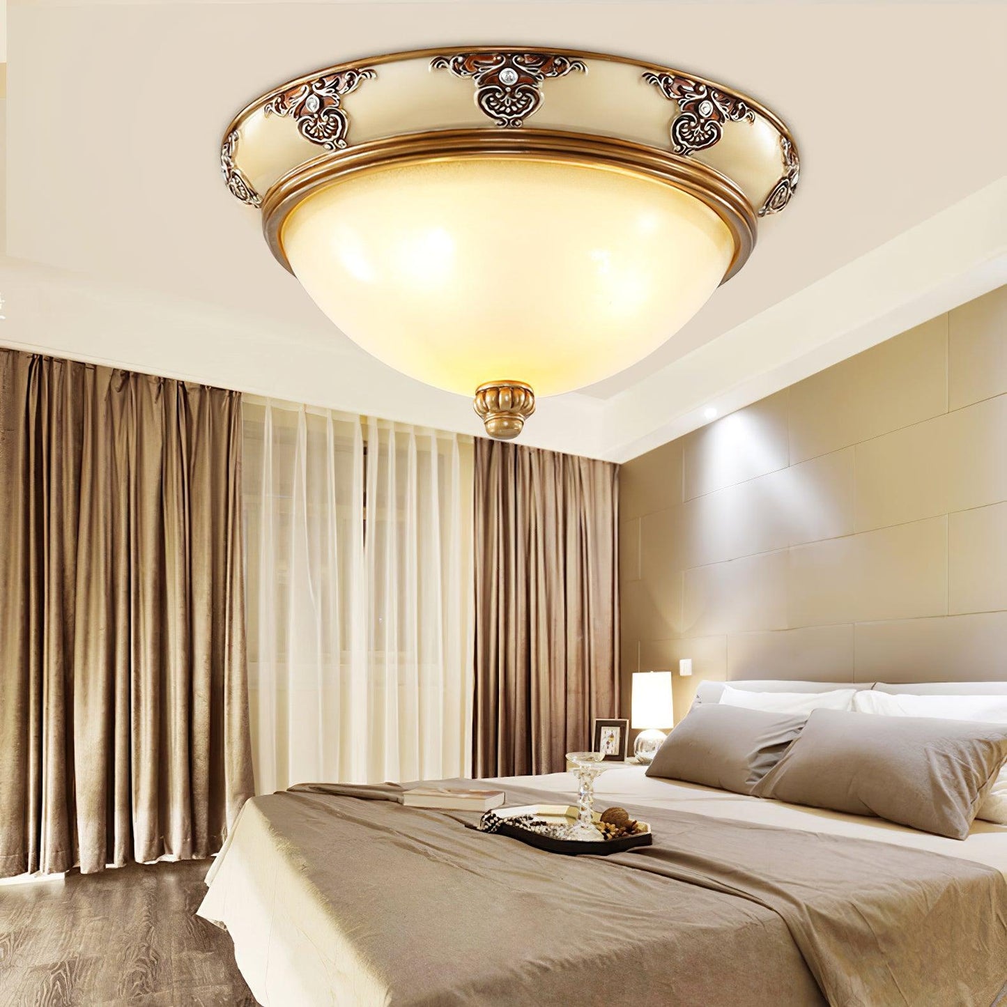 Brahm Flush Ceiling Light | Antique Beige | Frosted Glass