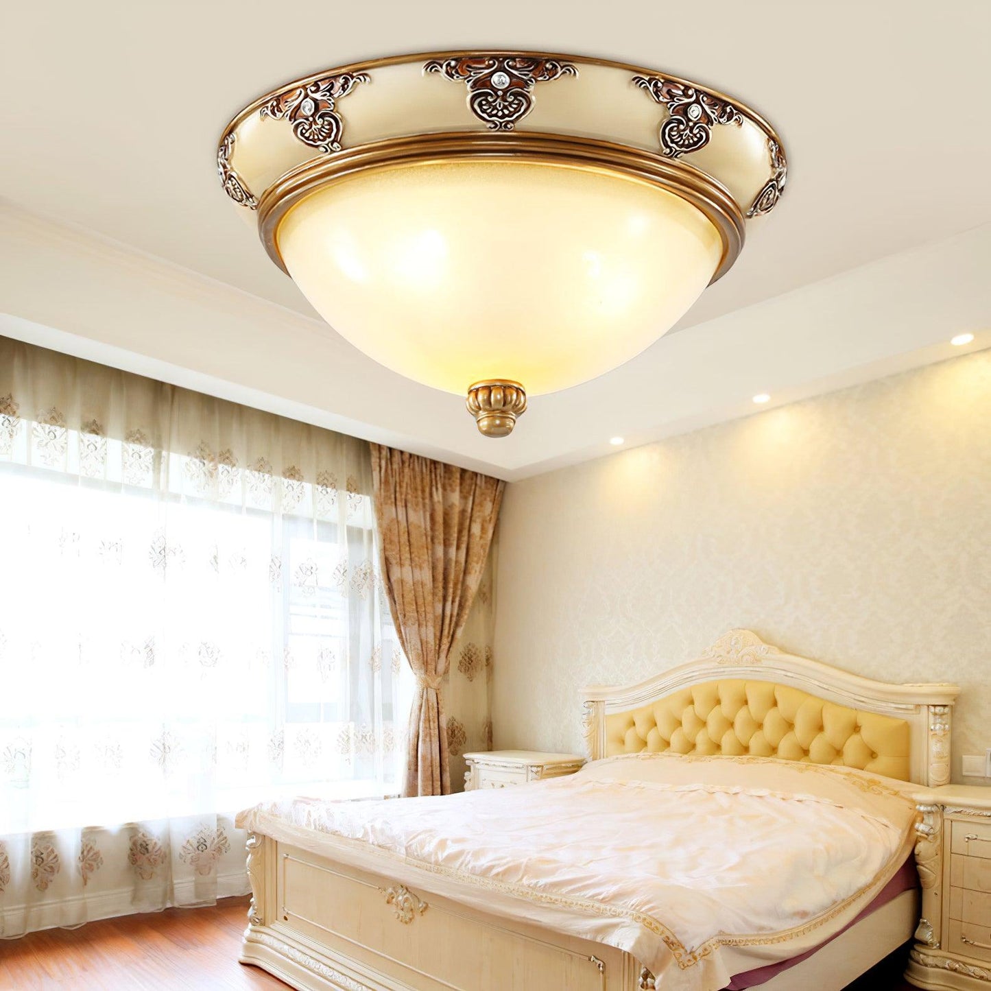 Brahm Flush Ceiling Light | Antique Beige | Frosted Glass