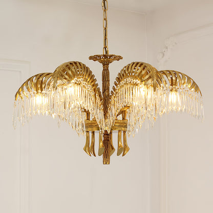 Palm Leaf Crystal Chandelier | Handcrafted Brass & Crystal | 3, 6, 8 Heads