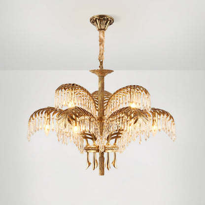 Palm Leaf Crystal Chandelier | Handcrafted Brass & Crystal | 3, 6, 8 Heads