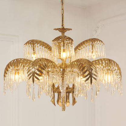 Palm Leaf Crystal Chandelier | Handcrafted Brass & Crystal | 3, 6, 8 Heads