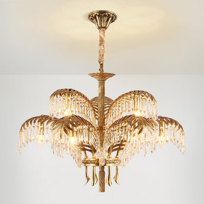 Palm Leaf Crystal Chandelier | Handcrafted Brass & Crystal | 3, 6, 8 Heads