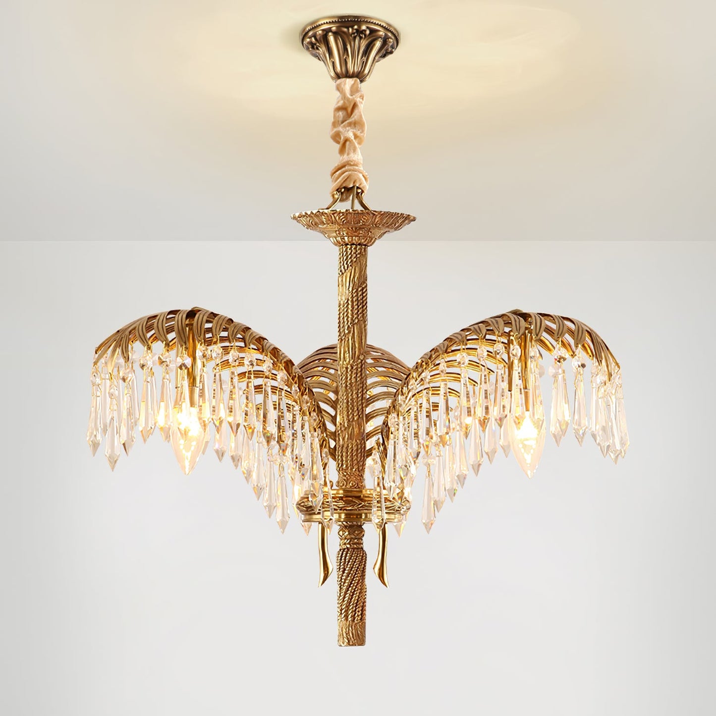 Palm Leaf Crystal Chandelier | Handcrafted Brass & Crystal | 3, 6, 8 Heads
