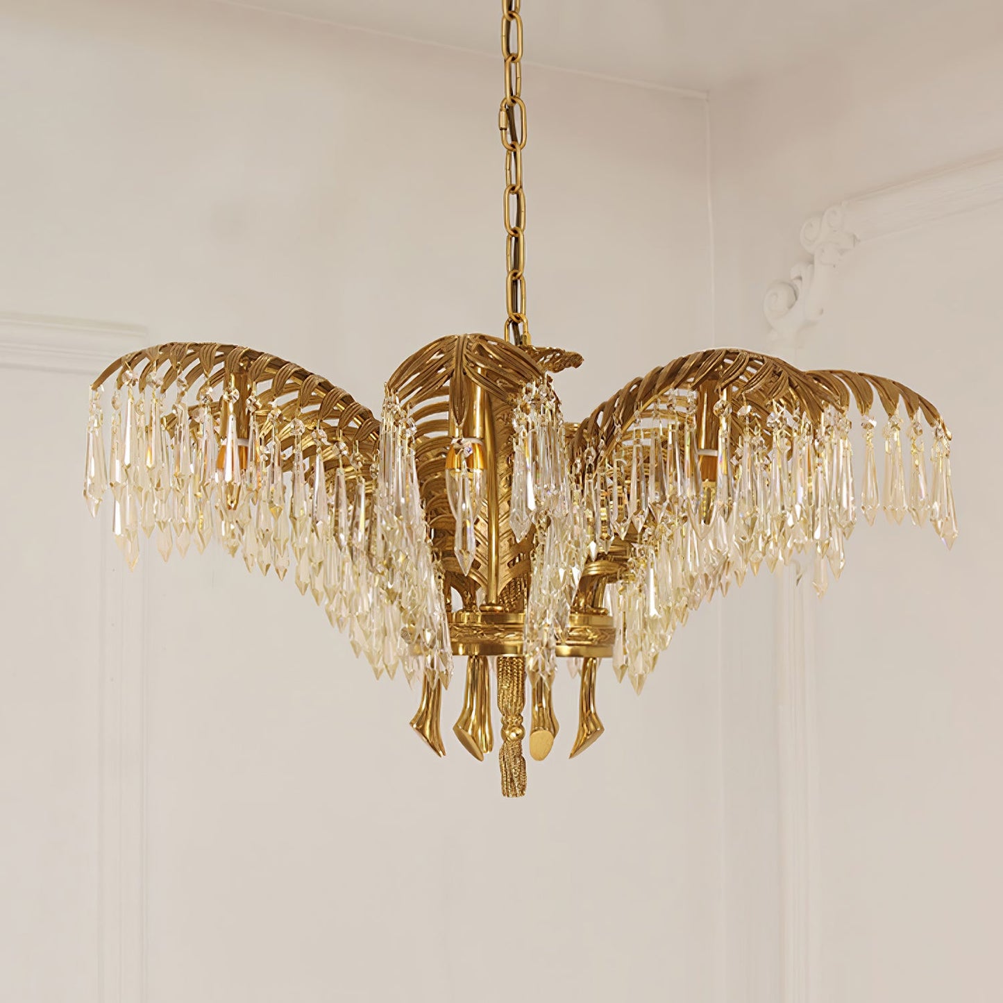 Palm Leaf Crystal Chandelier | Handcrafted Brass & Crystal | 3, 6, 8 Heads