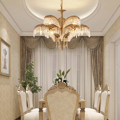 Palm Leaf Crystal Chandelier | Handcrafted Brass & Crystal | 3, 6, 8 Heads