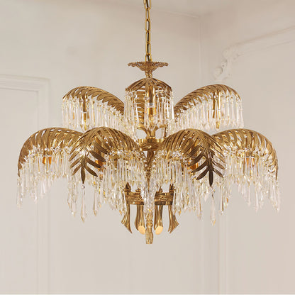 Palm Leaf Crystal Chandelier | Handcrafted Brass & Crystal | 3, 6, 8 Heads