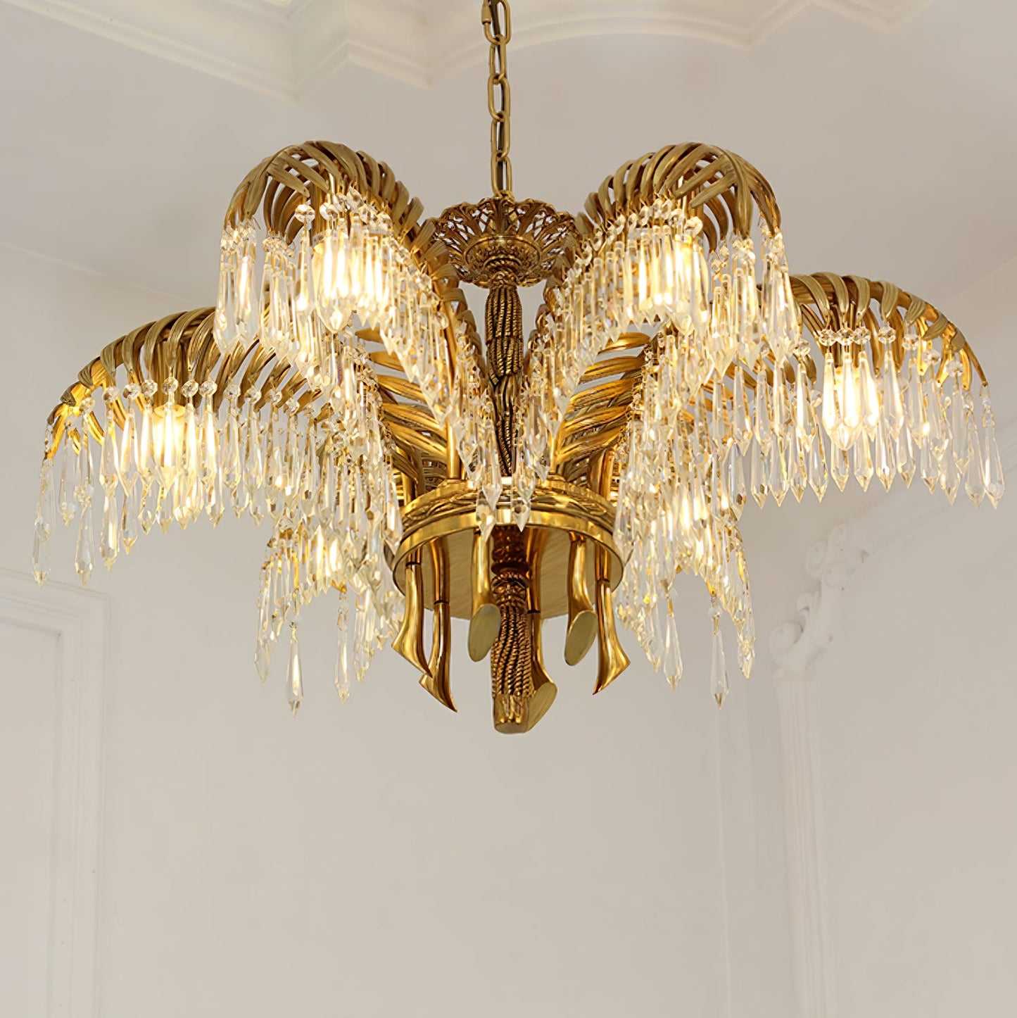 Palm Leaf Crystal Chandelier | Handcrafted Brass & Crystal | 3, 6, 8 Heads