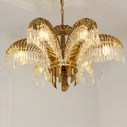 Palm Leaf Crystal Chandelier | Handcrafted Brass & Crystal | 3, 6, 8 Heads