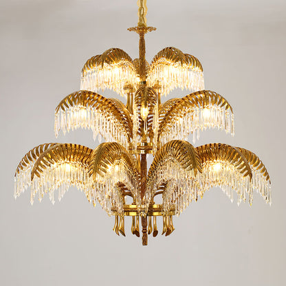 Palm Leaf Crystal Chandelier | Handcrafted Brass & Crystal | 3, 6, 8 Heads