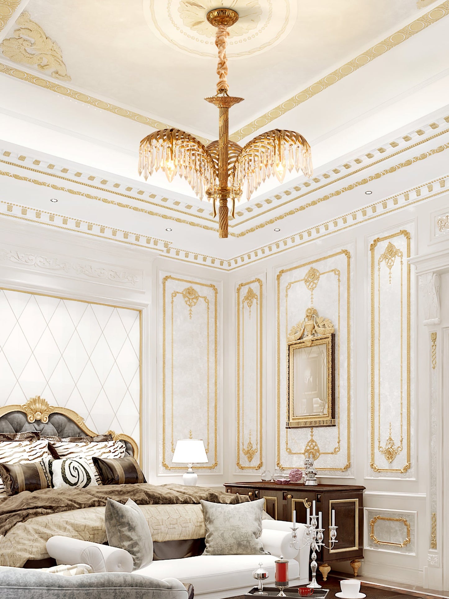 Palm Leaf Crystal Chandelier | Handcrafted Brass & Crystal | 3, 6, 8 Heads