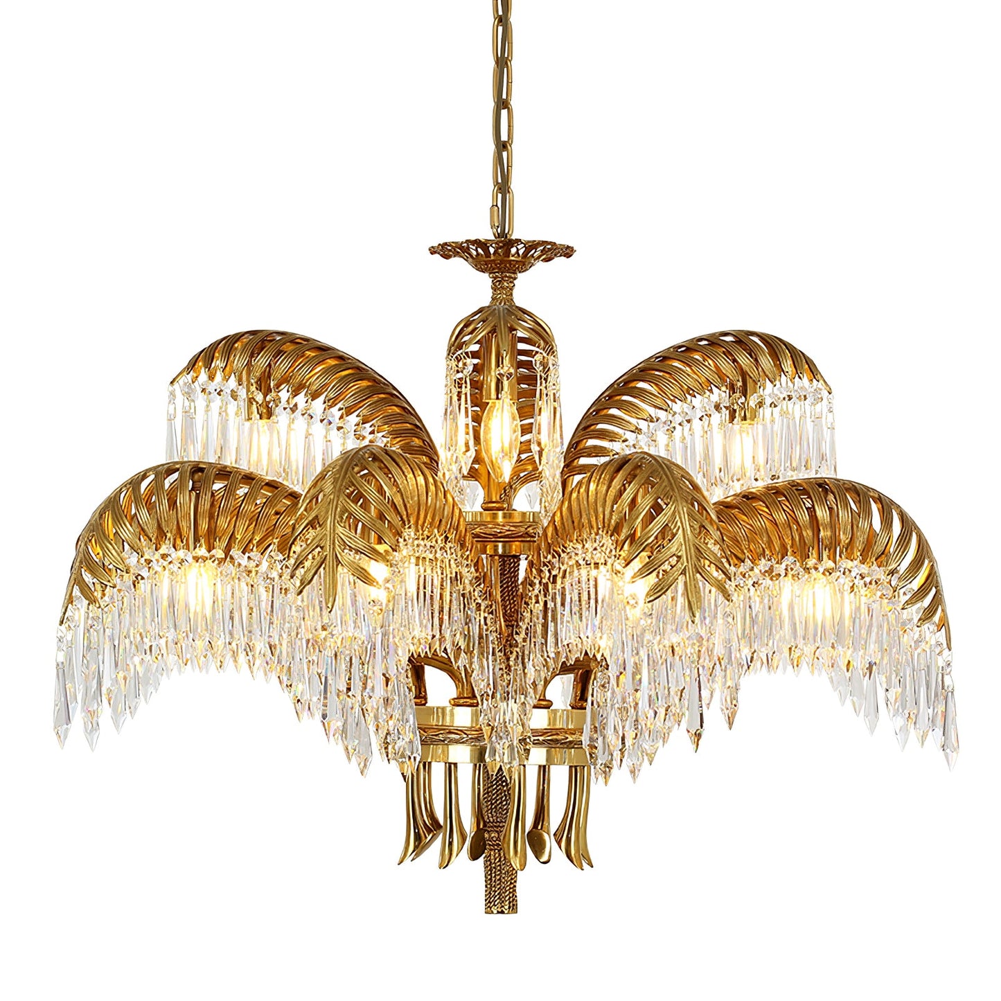 Palm Leaf Crystal Chandelier | Handcrafted Brass & Crystal | 3, 6, 8 Heads