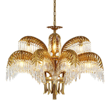 Palm Leaf Crystal Chandelier | Handcrafted Brass & Crystal | 3, 6, 8 Heads