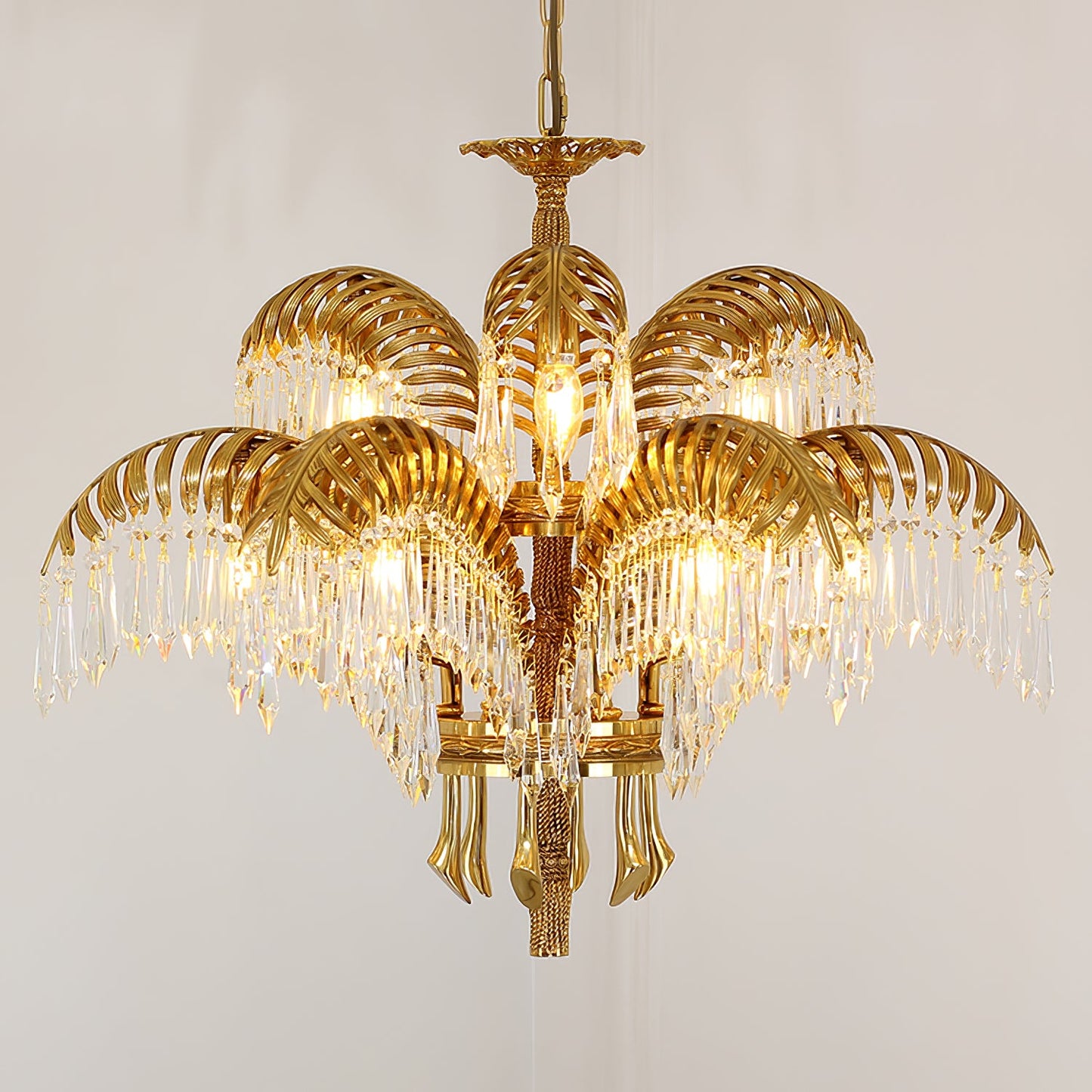 Palm Leaf Crystal Chandelier | Handcrafted Brass & Crystal | 3, 6, 8 Heads