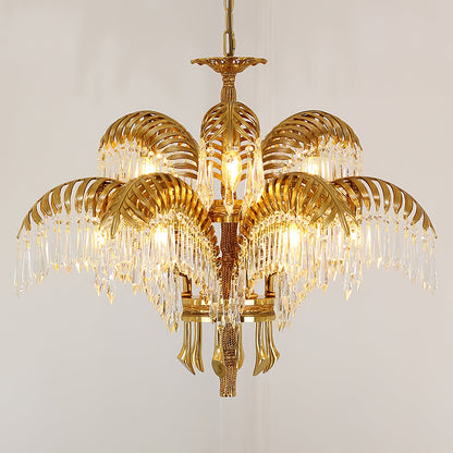 Palm Leaf Crystal Chandelier | Handcrafted Brass & Crystal | 3, 6, 8 Heads