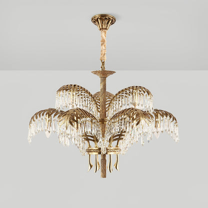 Palm Leaf Crystal Chandelier | Handcrafted Brass & Crystal | 3, 6, 8 Heads