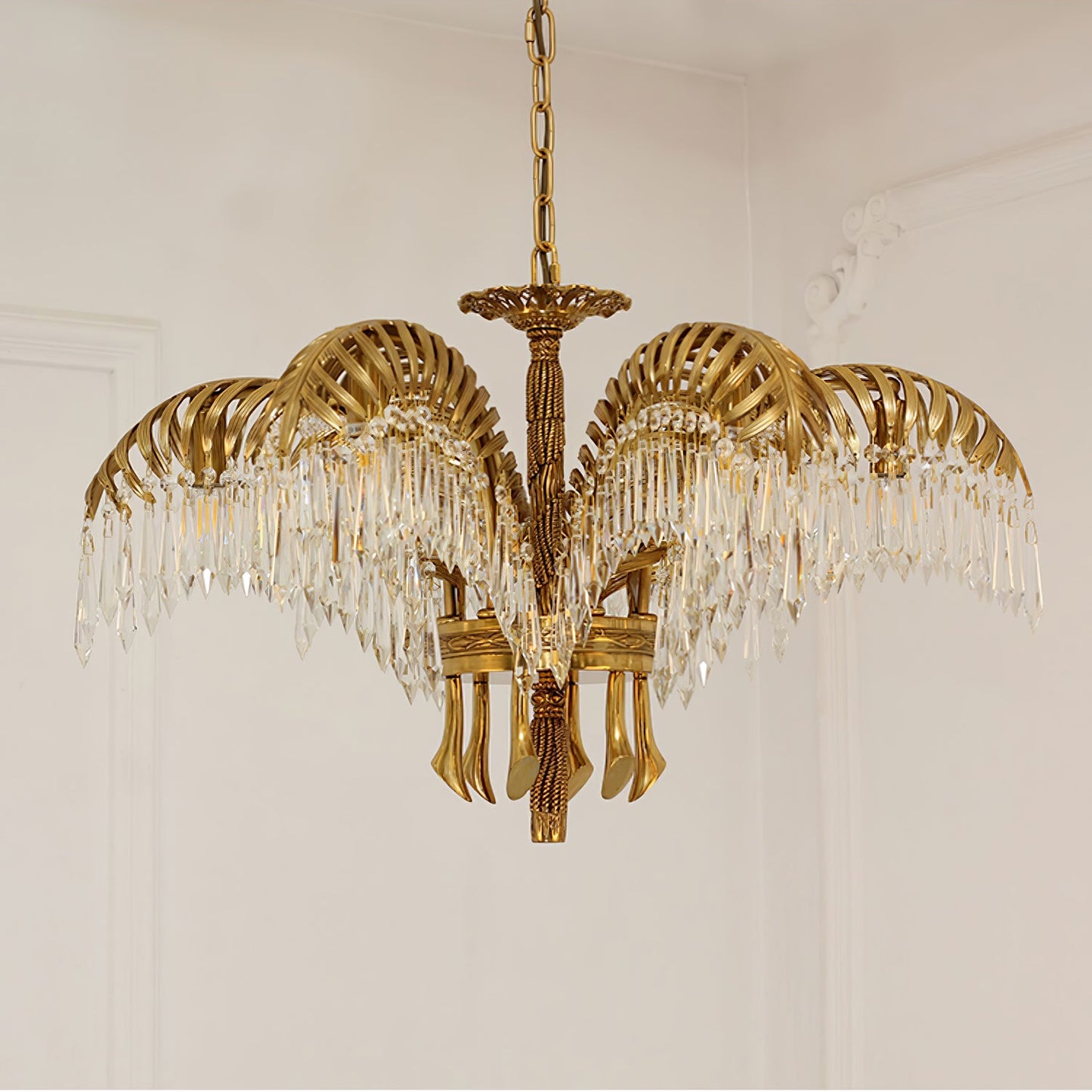 Palm Leaf Crystal Chandelier | Handcrafted Brass & Crystal | 3, 6, 8 Heads