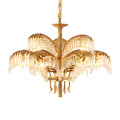 Palm Leaf Crystal Chandelier | Handcrafted Brass & Crystal | 3, 6, 8 Heads