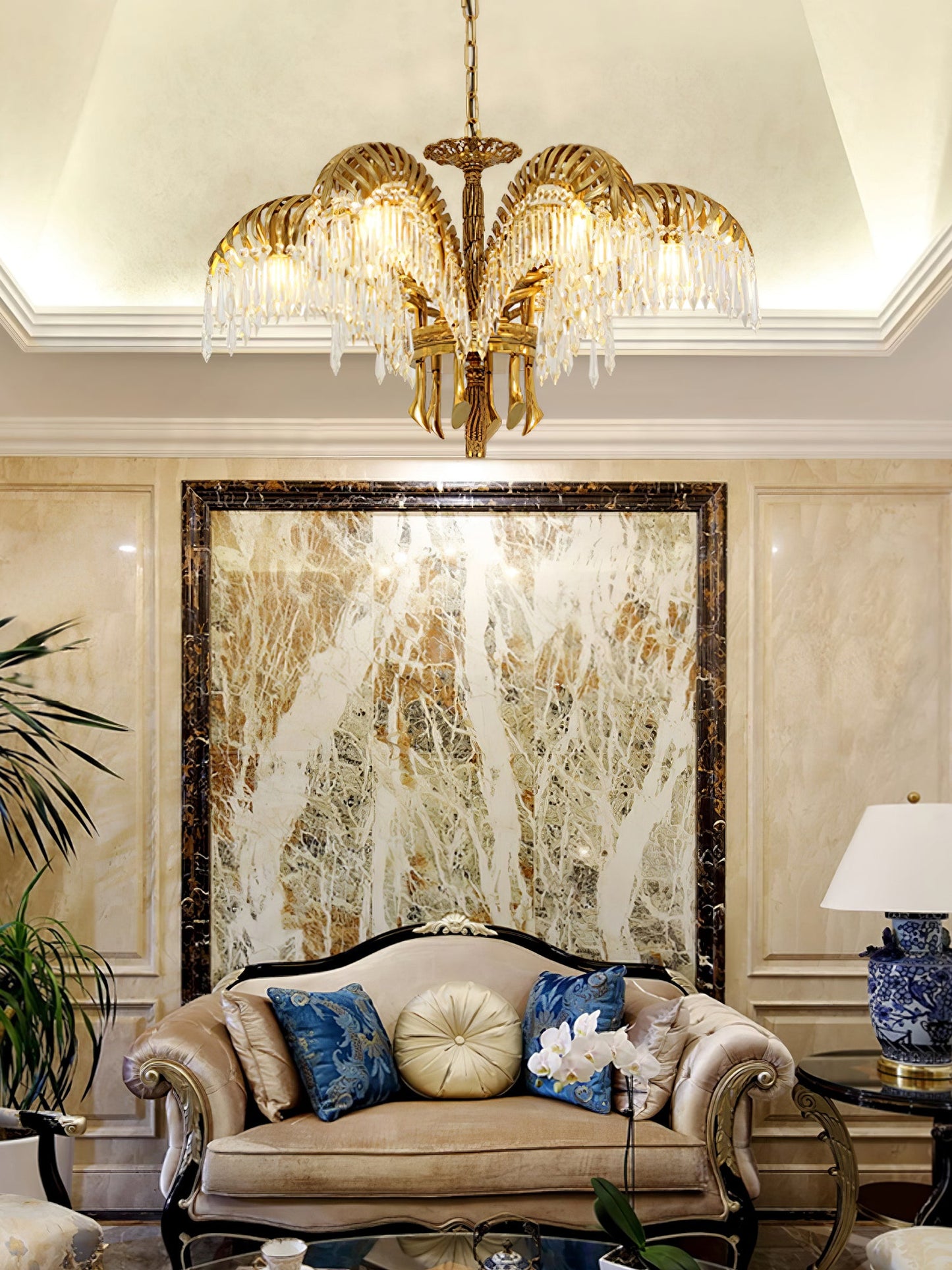 Palm Leaf Crystal Chandelier | Handcrafted Brass & Crystal | 3, 6, 8 Heads