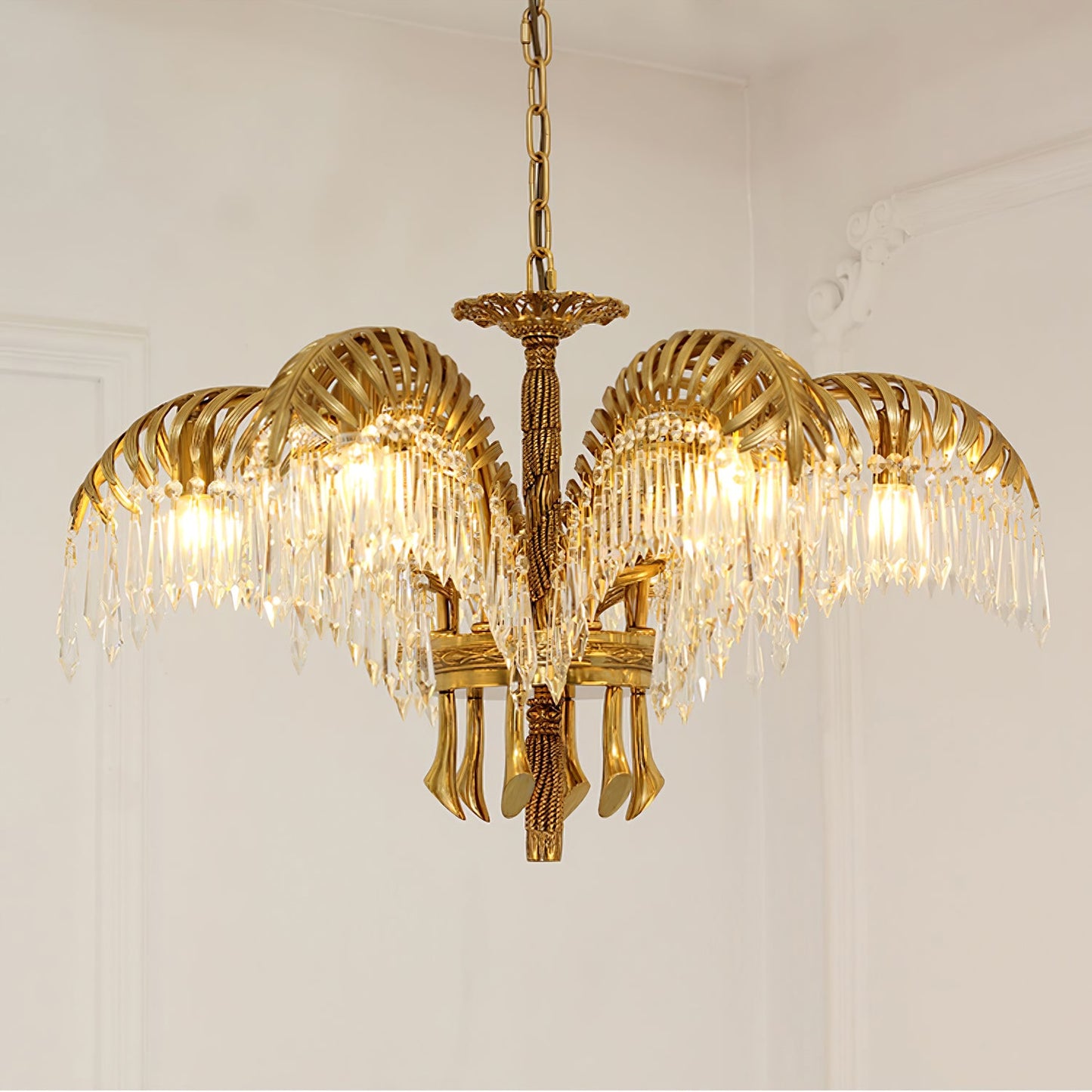Palm Leaf Crystal Chandelier | Handcrafted Brass & Crystal | 3, 6, 8 Heads