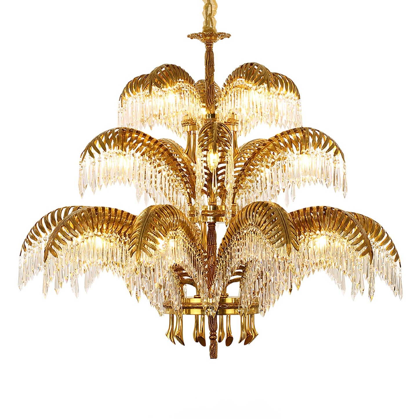 Palm Leaf Crystal Chandelier | Handcrafted Brass & Crystal | 3, 6, 8 Heads