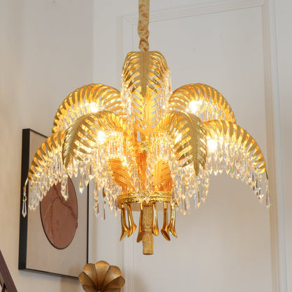 Palm Leaf Crystal Chandelier | Handcrafted Brass & Crystal | 3, 6, 8 Heads