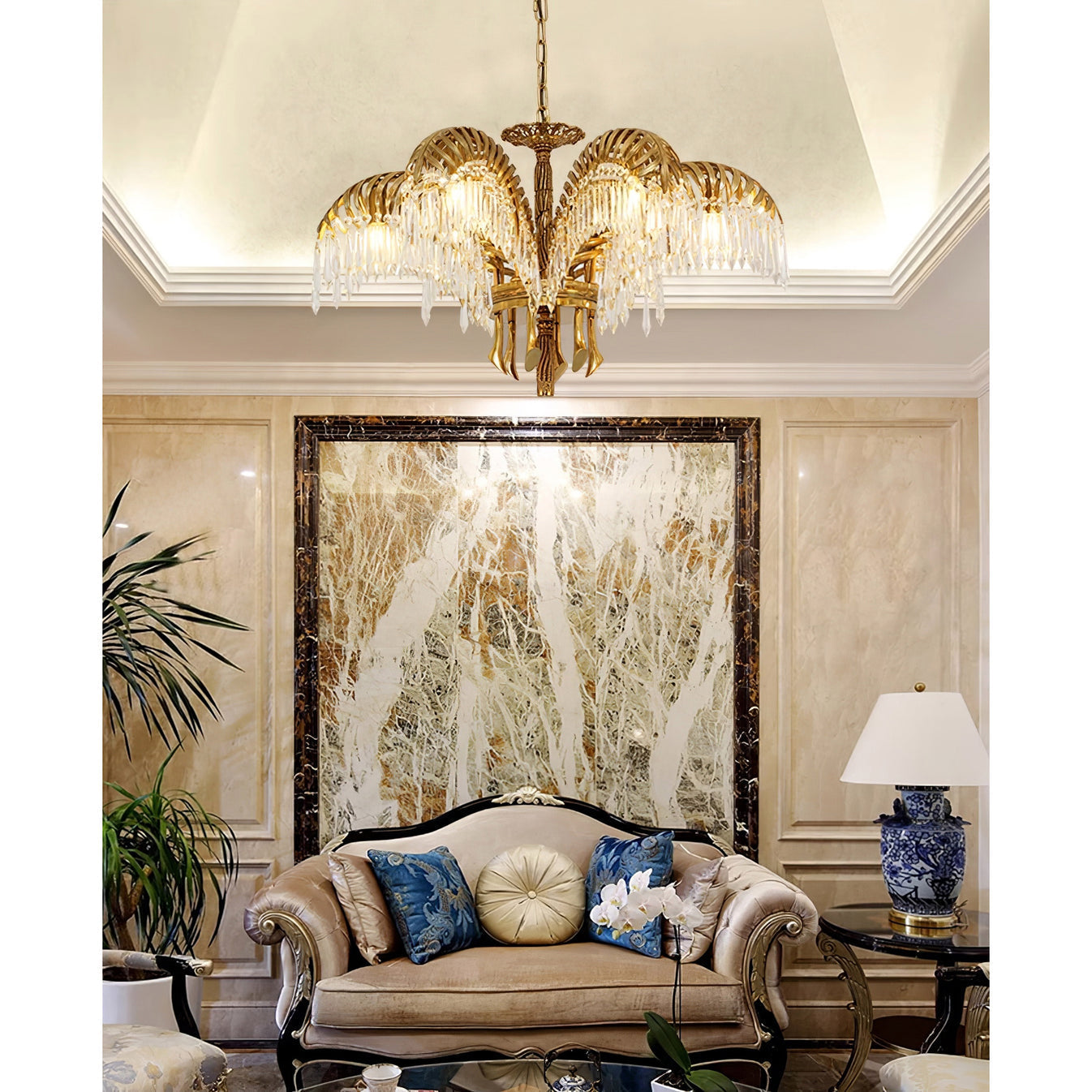 Palm Leaf Crystal Chandelier | Handcrafted Brass & Crystal | 3, 6, 8 Heads