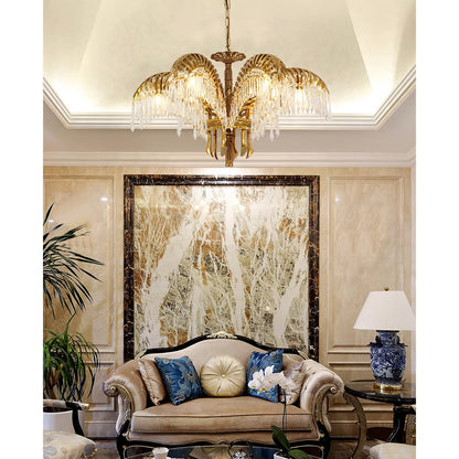 Palm Leaf Crystal Chandelier | Handcrafted Brass & Crystal | 3, 6, 8 Heads