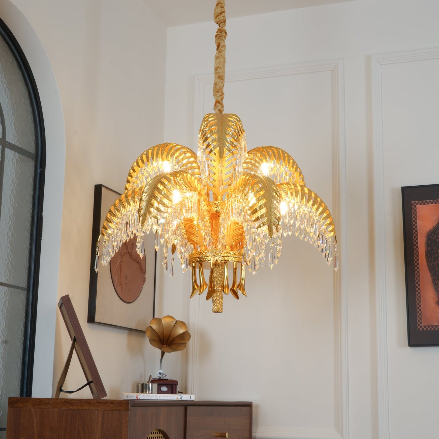 Palm Leaf Crystal Chandelier | Handcrafted Brass & Crystal | 3, 6, 8 Heads