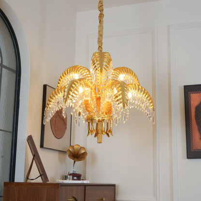 Palm Leaf Crystal Chandelier | Handcrafted Brass & Crystal | 3, 6, 8 Heads