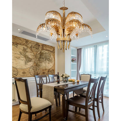 Palm Leaf Crystal Chandelier | Handcrafted Brass & Crystal | 3, 6, 8 Heads