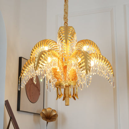 Palm Leaf Crystal Chandelier | Handcrafted Brass & Crystal | 3, 6, 8 Heads