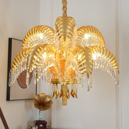 Palm Leaf Crystal Chandelier | Handcrafted Brass & Crystal | 3, 6, 8 Heads