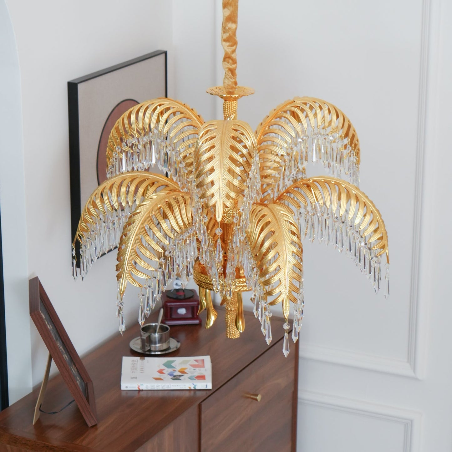 Palm Leaf Crystal Chandelier | Handcrafted Brass & Crystal | 3, 6, 8 Heads