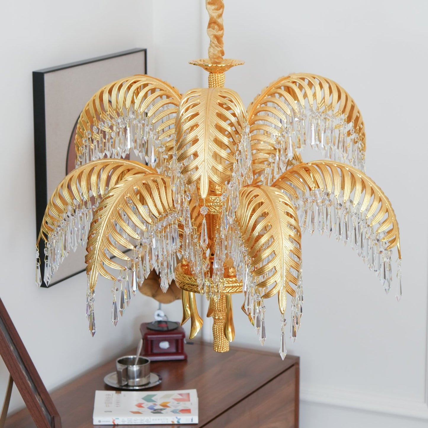 Palm Leaf Crystal Chandelier | Handcrafted Brass & Crystal | 3, 6, 8 Heads