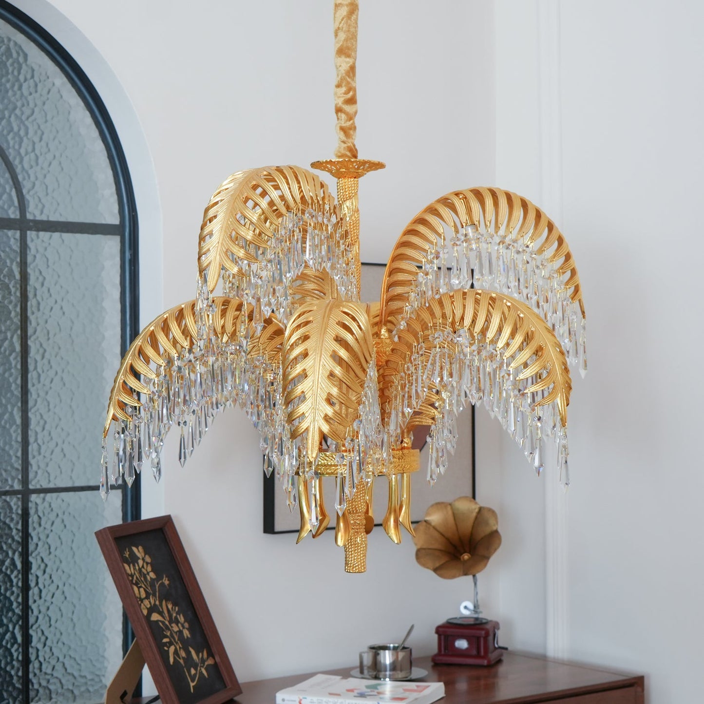 Palm Leaf Crystal Chandelier | Handcrafted Brass & Crystal | 3, 6, 8 Heads