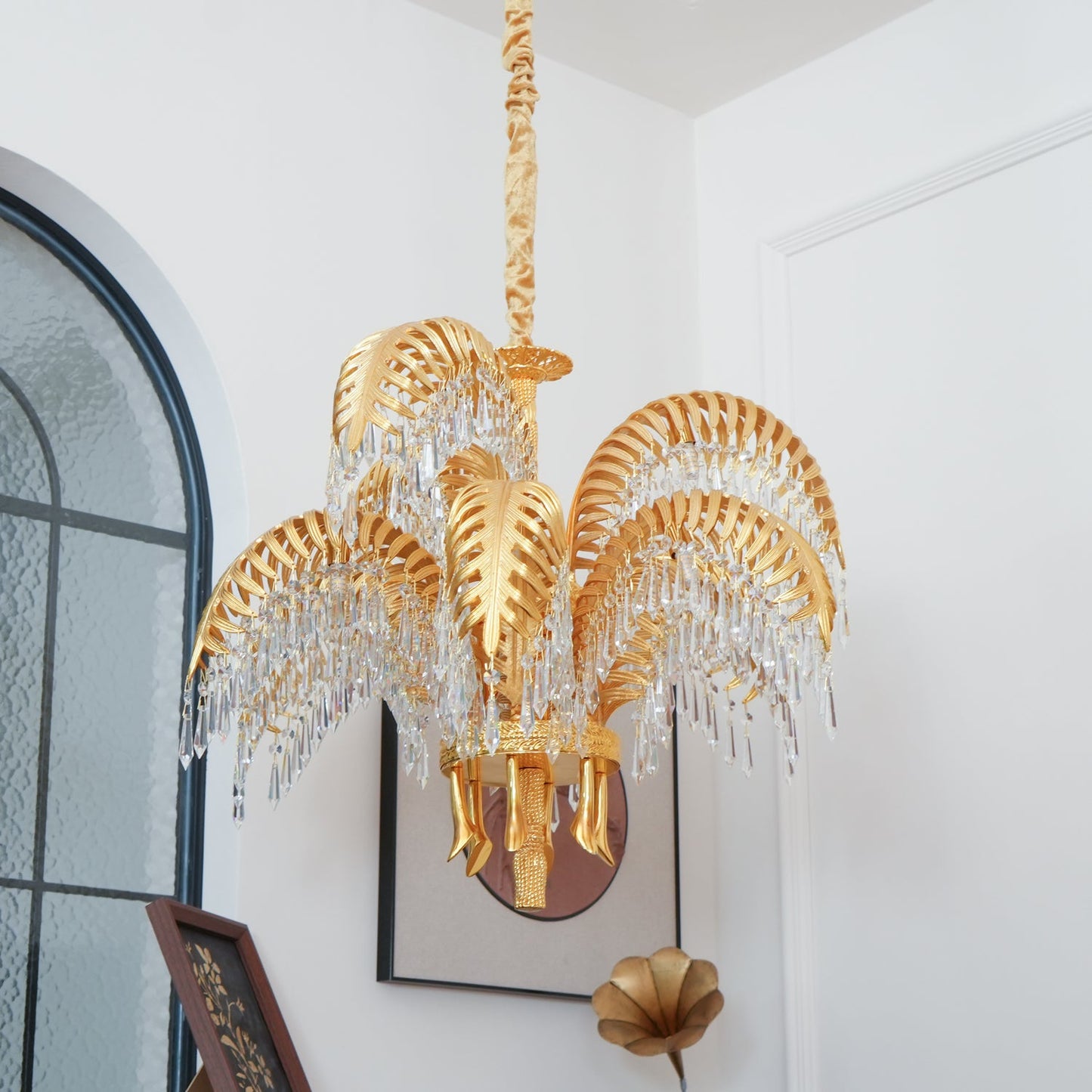 Palm Leaf Crystal Chandelier | Handcrafted Brass & Crystal | 3, 6, 8 Heads